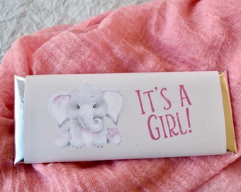 24 Elephant baby shower favors, personalized birth announcement candy bar wrappers, new baby girl gift, custom, personalized favours