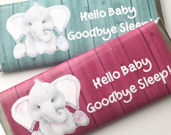 24 Elephant baby shower favors, unique baby shower favor, pink elephant baby shower, personalized candy bar wrapper, baby boy, baby girl