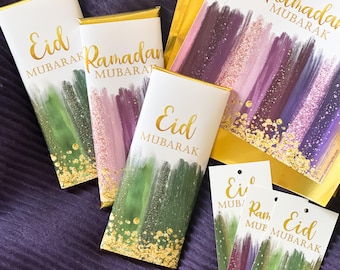 Green and gold candy bar wrappers, Eid party favors, Purple and gold party favor, Eid candy, Eid chocolate, Eid candy wrapper