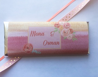 Floral personalized wedding candy bar, Peach candy wrapper, pastel wedding favors, personalized wedding favors, peach wedding, 24 ct