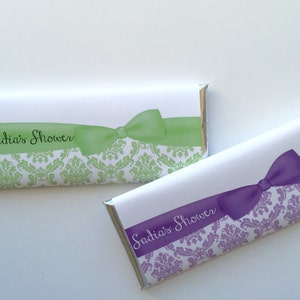 Damask party, damask paper, pastel party decor, unisex baby shower, Personalized candy wrappers, bridal shower favors, tea party favors