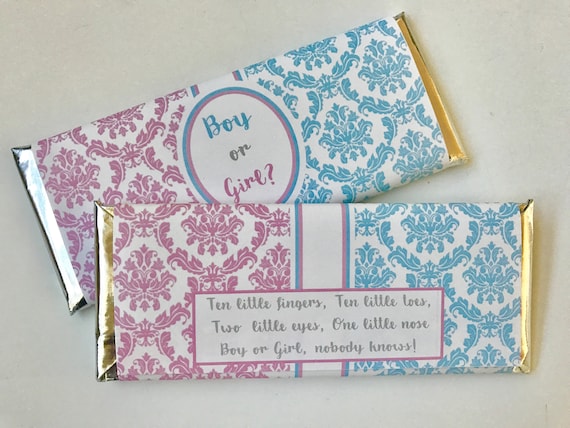 Gender Reveal party supplies, unisex baby shower favors, baby shower favours, personalized candy bar wrapper, baby boy, baby girl, 24 ct.