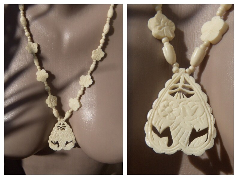 Vintage Carved Bone Necklace Tulip and Clover Heart Shaped Pendant Necklace Handmade Bone Screw Barrel Clasps Ivory Tone
