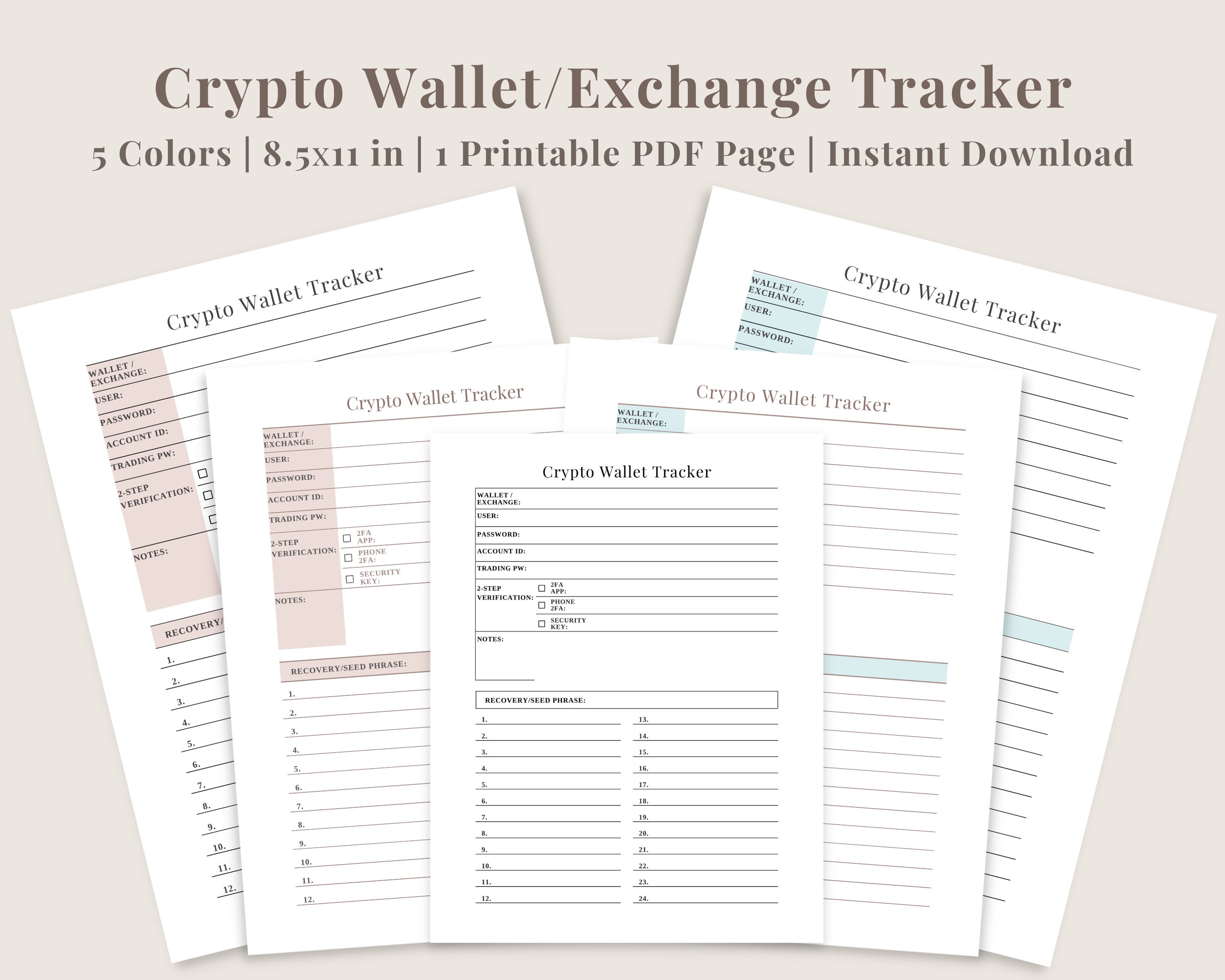 Crypto Wallet Tracker in Pink & Blue | Wallet Seed Phrase Phrase Printable  | Crypto Password Tracker | Digital Download - Etsy