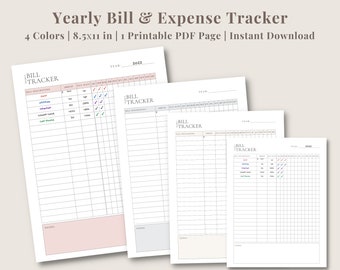 Yearly Bill Tracker | Bill Payment Tracker | Finance Planner | Bill Organizer | PDF Printable | Digital Download