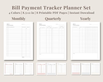 Bill Tracker Payment Planner Printable | Monthly Quarterly Yearly Bill Tracker | Finance Planner | Paycheck Budget | PDF Printable