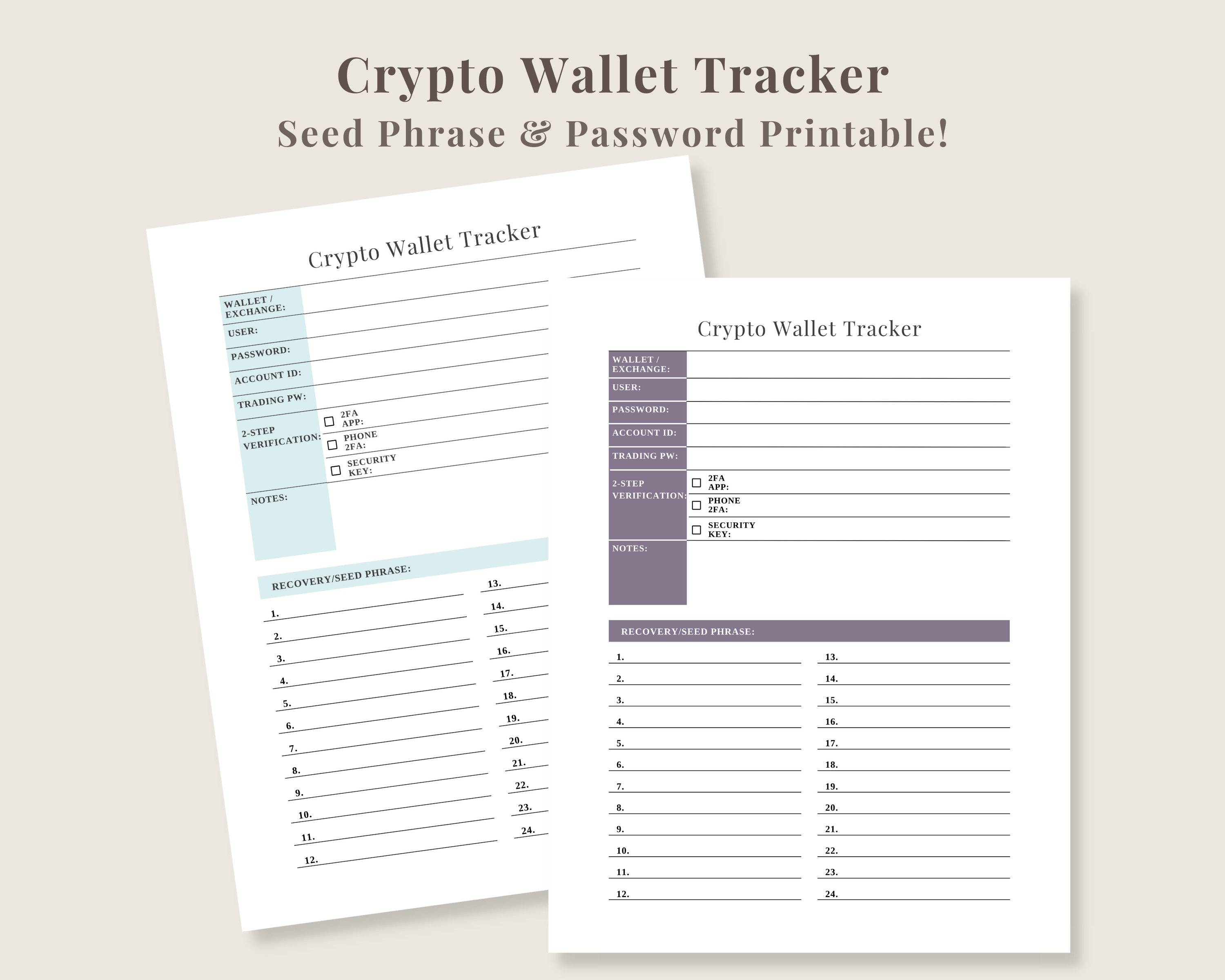 Crypto Wallet Tracker Set | 8 Different Colors | Wallet Seed Phrase  Printable | Crypto Password Tracker | Recovery Phrase | Digital Download -  Etsy