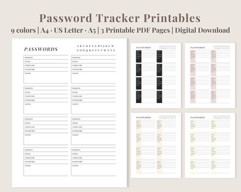 Printable Password Tracker | Password Log | Password Keeper Insert | 9 Colors | Printable Password List | PDF Digital Download