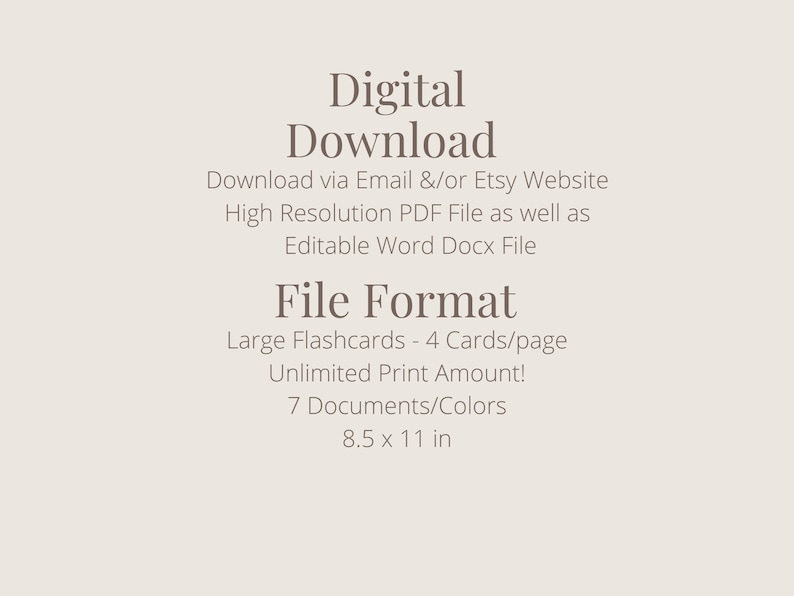 Puede incluir: Descarga digital de flashcards grandes, imprimibles en cantidad ilimitada. El formato de archivo es PDF y Word Docx. Las tarjetas miden 8,5 x 11 pulgadas.