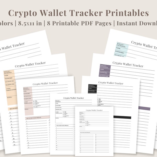 Crypto Wallet Tracker Set | 8 Different Colors | Wallet Seed Phrase Printable | Crypto Password Tracker | Recovery Phrase | Digital Download