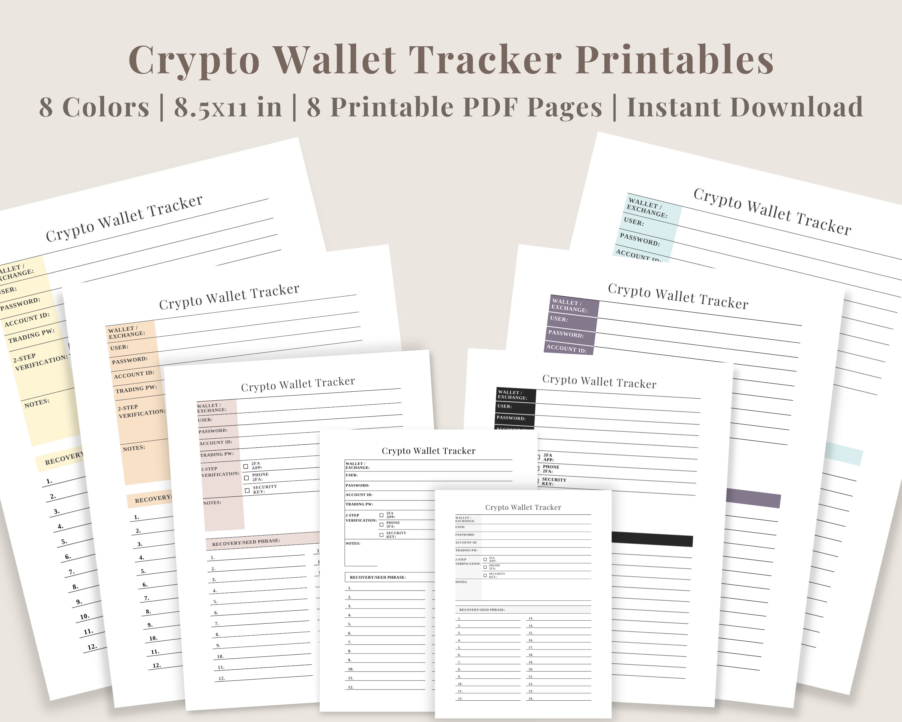 Crypto Wallet Tracker Set | 8 Different Colors | Wallet Seed Phrase Printable | Crypto Password Tracker | Recovery Phrase | Digital Download