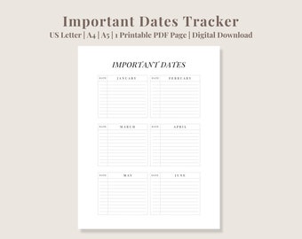 Important Dates Printable | Yearly Planner | Birthdays, Anniversaries, Appointments, Events,...etc  | A4, Letter, A5 | PDF Digital Download