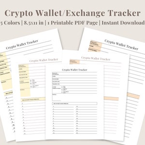 May include: Printable Crypto Wallet/Exchange Tracker in five colours. The tracker includes sections for wallet/exchange, user, password, account ID, trading password, 2-step verification, security key, notes, and recovery phrase.