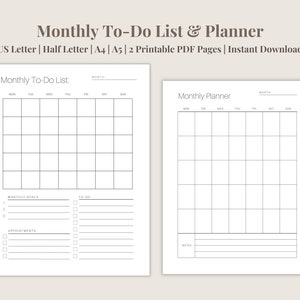 Monthly Planner | Printable Monthly To-Do List | To Do List Planner | Monthly Calendar Planner | Planner Inserts | PDF Instant Download