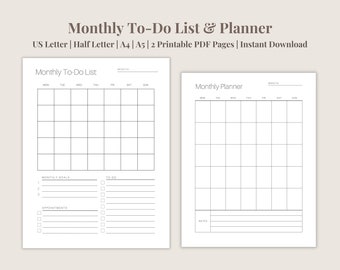 Monthly Planner | Printable Monthly To-Do List | To Do List Planner | Monthly Calendar Planner | Planner Inserts | PDF Instant Download