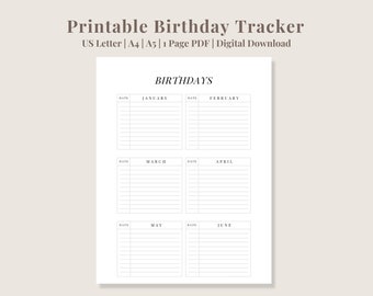 Birthday Tracker | Printable Birthday List | Birthday Calendar | Birthday Planner | PDF Printable | A4, Letter, A5 | Digital Download