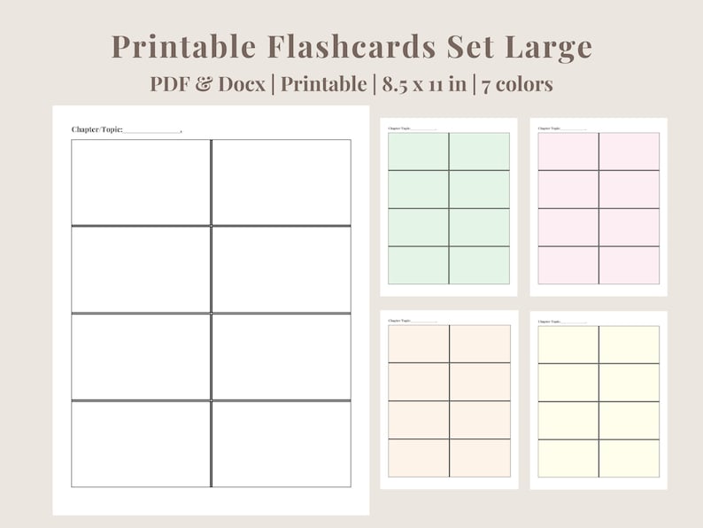 Puede incluir: Conjunto de tarjetas de memoria imprimibles con siete fondos de colores diferentes. El conjunto incluye una plantilla en blanco con un encabezado de tema de cap&iacute;tulo y cuatro plantillas adicionales con una cuadr&iacute;cula de 12 cuadrados. Cada plantilla mide 8,5 pulgadas por 11 pulgadas.