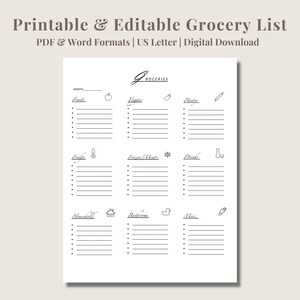Printable Grocery List | Editable Grocery List | Food Shopping List ...