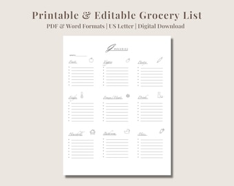 Printable Grocery List | Editable Grocery List | Food Shopping List | Grocery Checklist | Grocery List Template | Word, PDF Digital Download