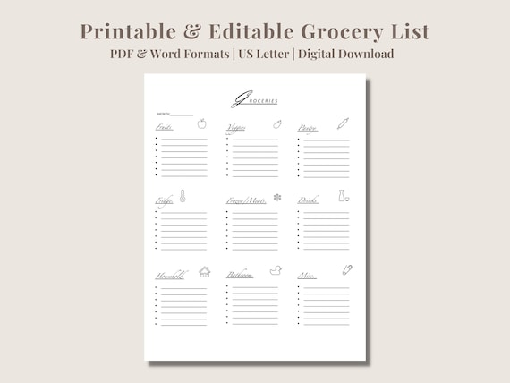 Printable Grocery List Editable Grocery List Food Shopping - Etsy
