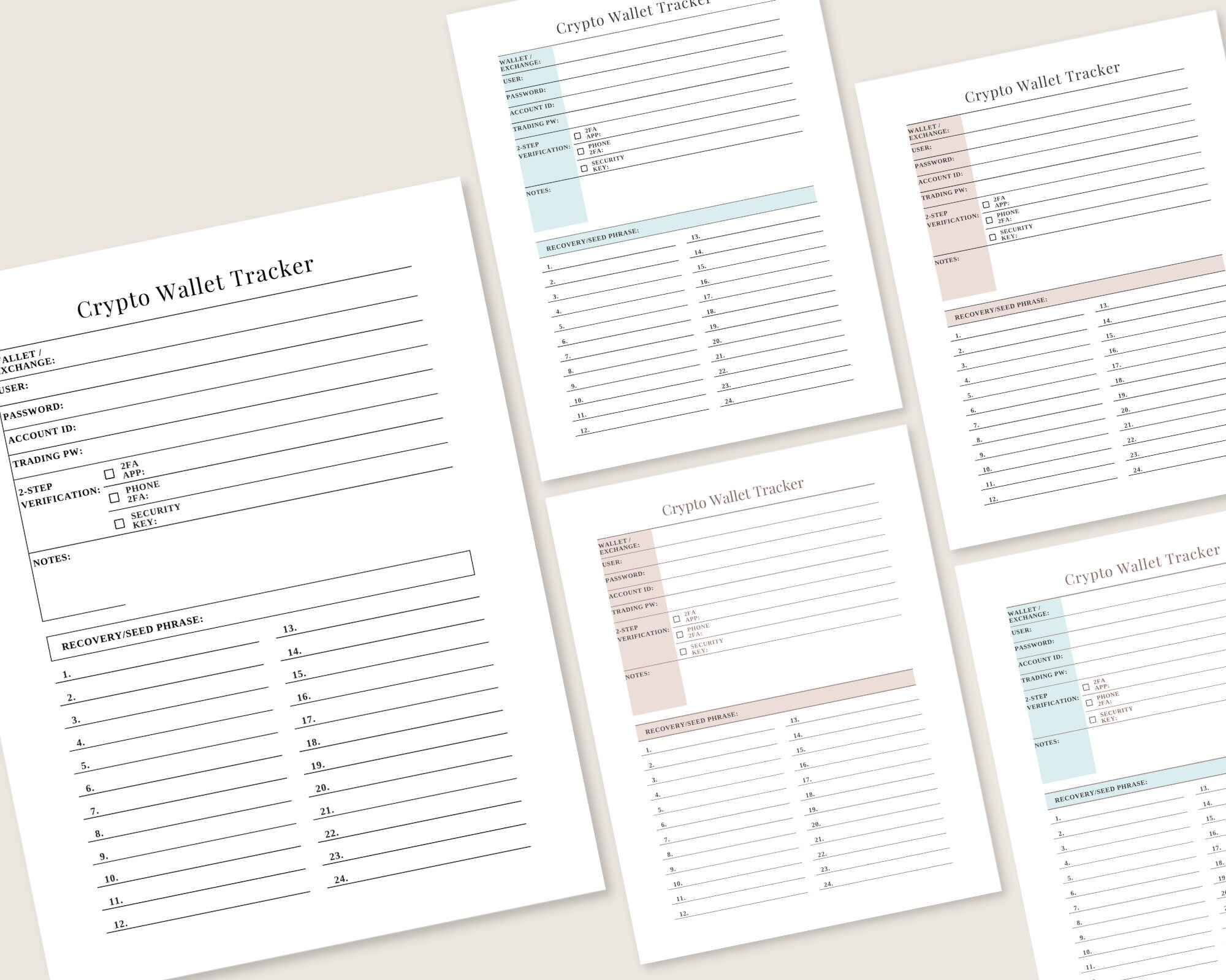 Crypto Wallet Tracker in Pink & Blue | Wallet Seed Phrase Phrase Printable  | Crypto Password Tracker | Digital Download - Etsy