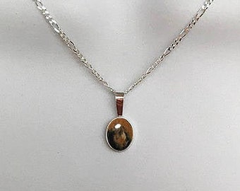 May include: A silver chain necklace with a small oval pendant featuring a brown and gold image.