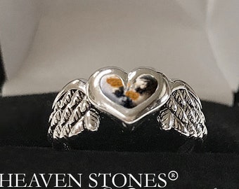 ANGEL WINGS HEART Pet Cremation Ashes Ring Rhodium Plated 925 Sterling Pet Memorial Ring Angel Wings Pet Cremation Jewelry Pet Bereavement