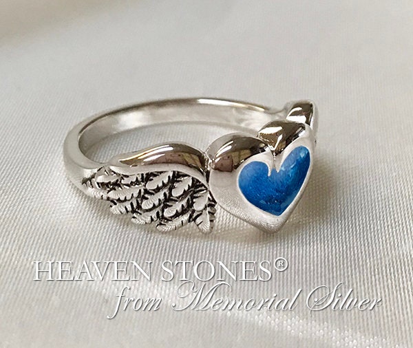ANGEL WINGS HEART Pet Cremation Ashes Ring Rhodium Plated 925 Sterling