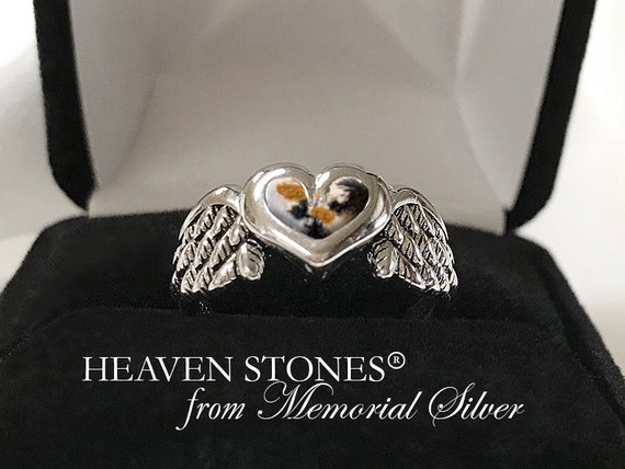 ANGEL WINGS HEART Pet Cremation Ashes Ring Rhodium Plated 925 Sterling Pet Memorial Ring Angel Wings Pet Cremation Jewelry Pet Bereavement