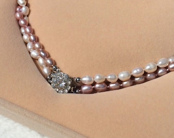 Multi strand ivory pink pearl necklace, Real pearl necklace, Freshwater pearl, Wedding, Bridal jewelry, twisted pearl necklace, bridesmaid