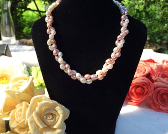 Multi strand ivory pink pearl necklace, Real pearl, Freshwater pearl necklace, Wedding, Bridal jewelry, twisted pearl necklace, bridesmaids