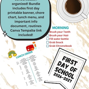 Editable Back to School Bundle Printable, Daily Routine Chart for Kids, School Lunch Menu Planner, Lunchbox Jokes, First Day Signs Canva