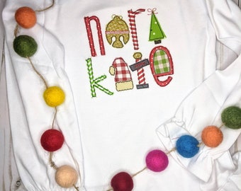 Girls Monogrammed Christmas Shirt, Applique Christmas name shirt with fun Christmas characters for letters,