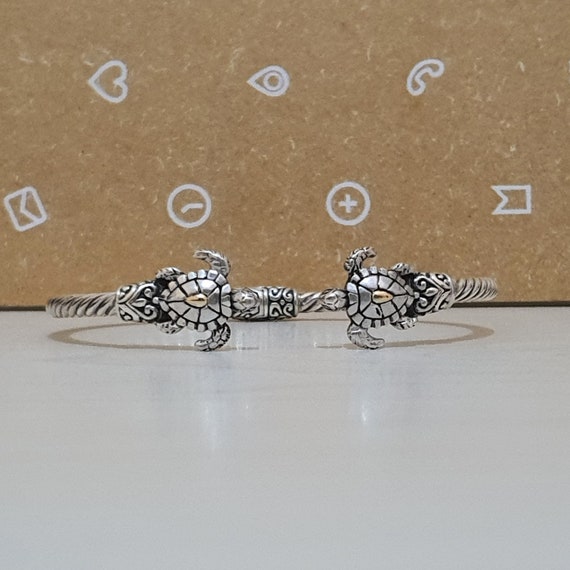 Sterling Silver Cuff Bracelet With Twin Turtles and 14K Gold