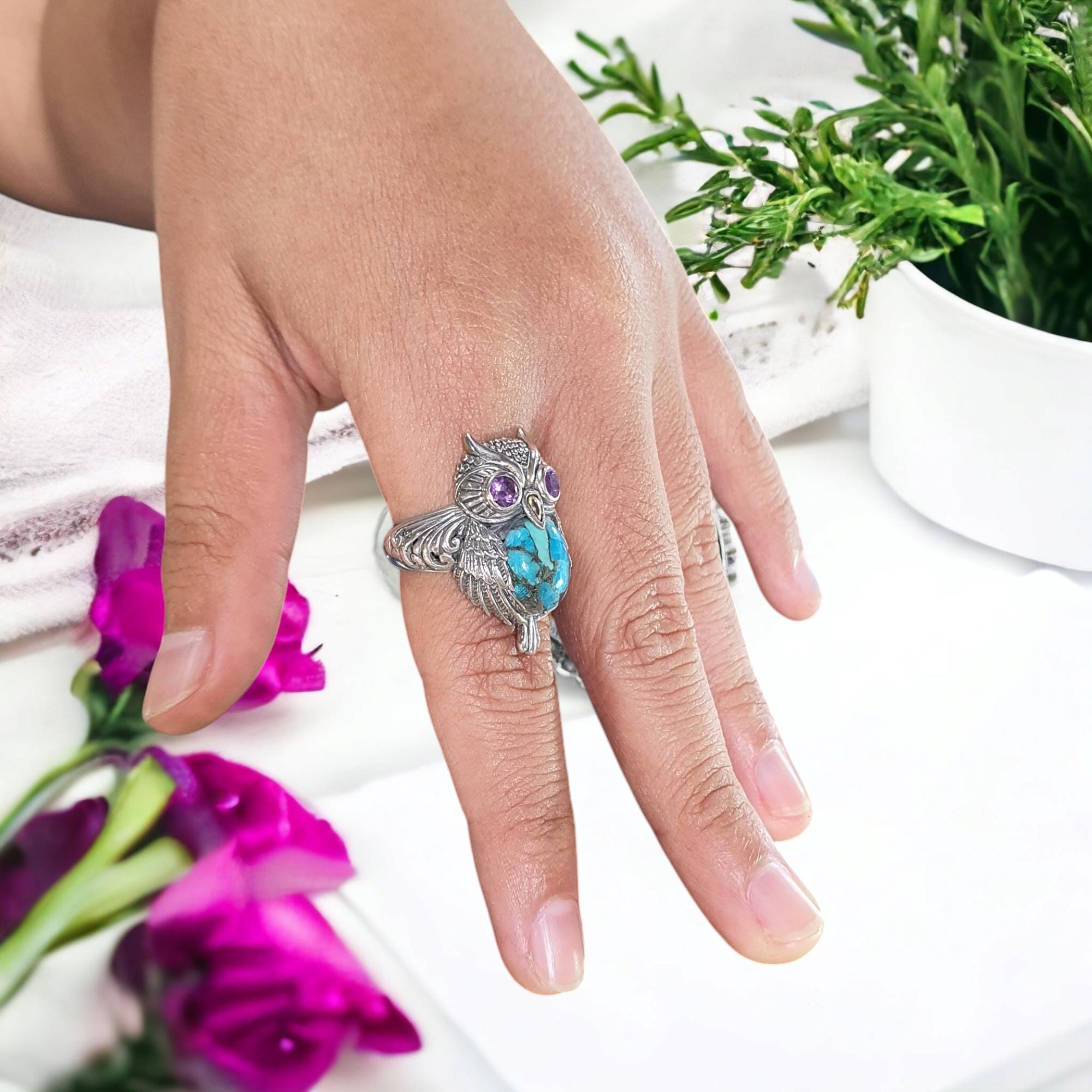 Turquoise Owl Ring: Sterling Silver Bohemian Ring with Purple Crystal Eyes