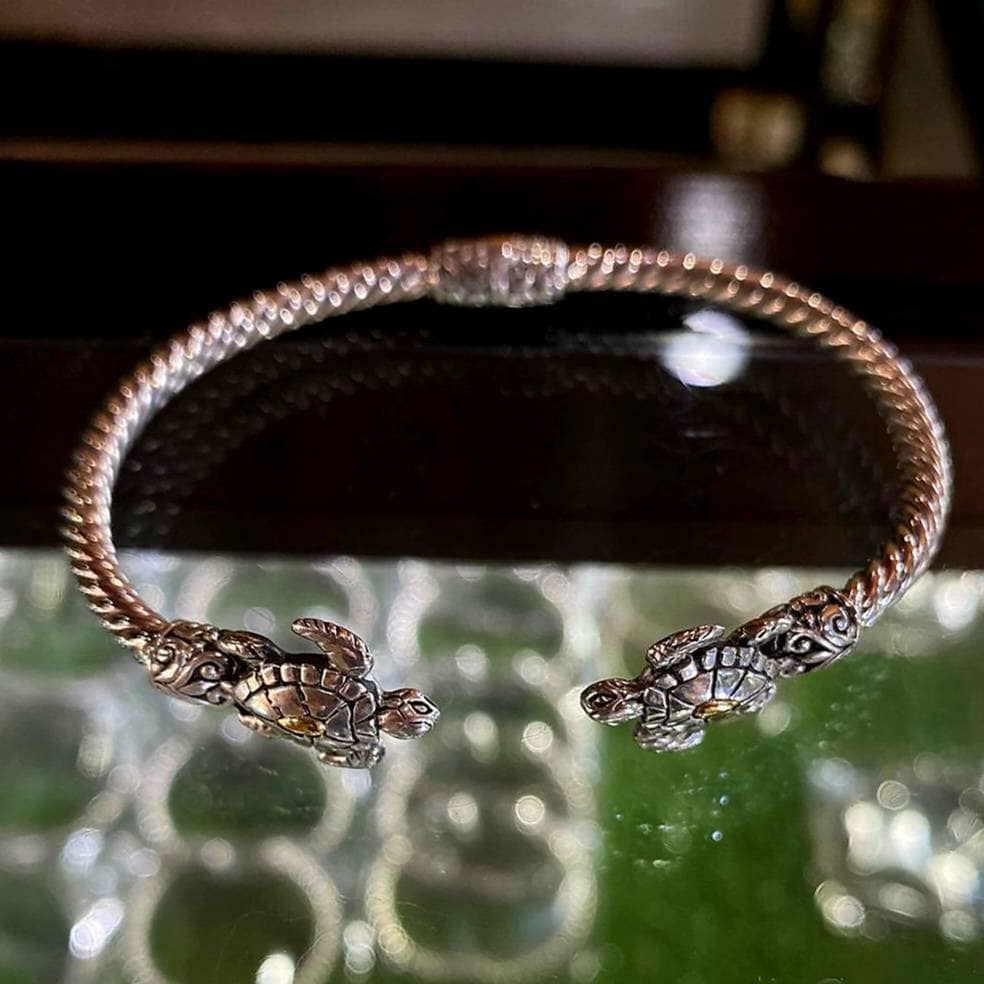 Sterling Silver Cuff Bracelet With Twin Turtles and 14K Gold