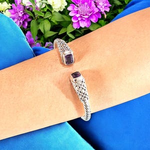 Emerald Cut Amethyst Cuff Bracelet | Sterling Silver Bali Jewelry | Handmade Bangle for Women | February Birthstone Gift