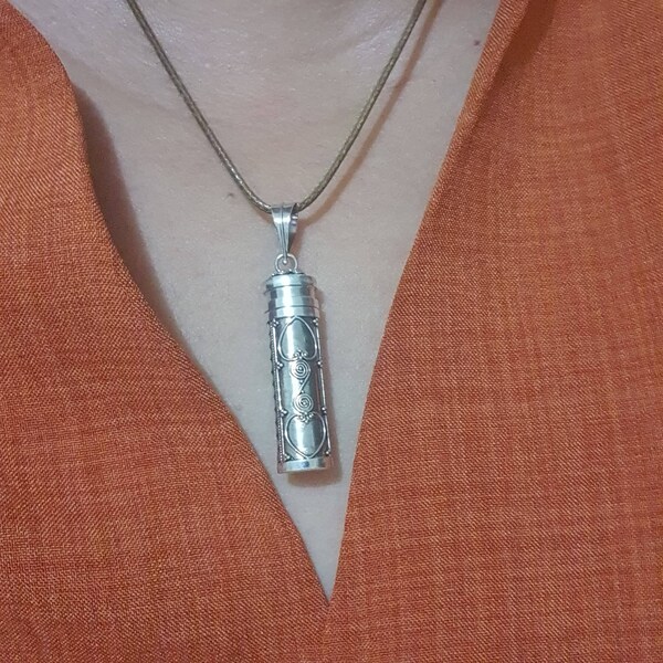 Silver Prayer box necklace, Pill container, tube Locket pendant, Remembrance Gift for loss of love One