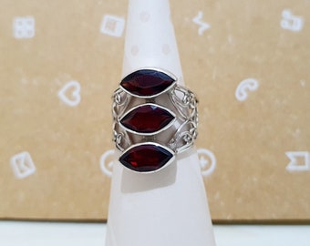 Vintage Garnet Ring | Sterling Silver Marquise Ring | Antique Style Ring | Red Gemstone Statement Ring