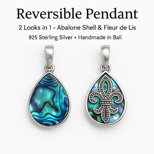 Double Sided Abalone Shell Pendant | Sterling Silver Fleur de Lis Necklace | Reversible Ocean Jewelry | Gift for Her
