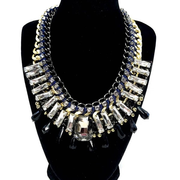 Vintage Necklace Cara New York Rhinestone Bib Statement Clear Crystal Onyx B#4