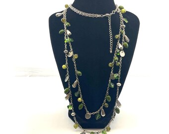 Vintage Multi Strand Silver Tone Green Beaded Long Chain Necklace B#4