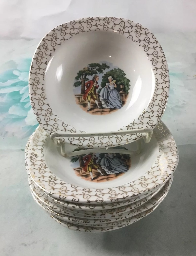 Set of 4 Taylor Smith Taylor Dessert Fruit Bowls Square Gold Trim Pilgrims