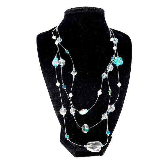 Vintage Wire Necklace Art Glass Multi Strand Floa… - image 1