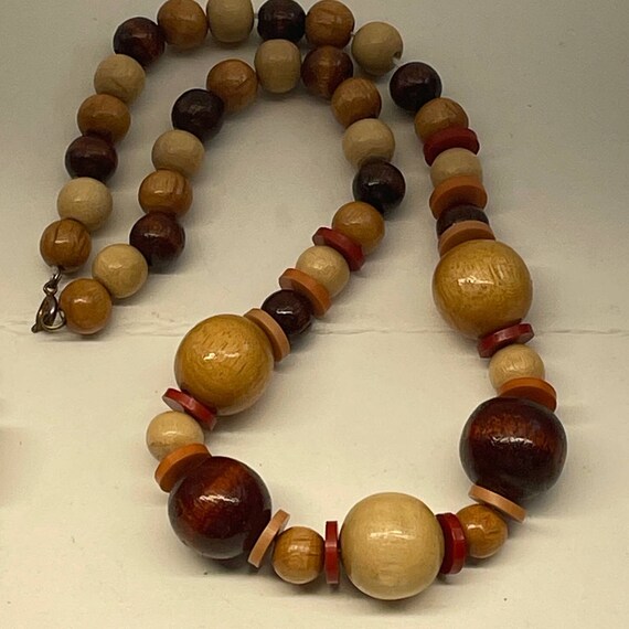Vintage Natural Wood Beaded Wood Bead Necklace an… - image 5