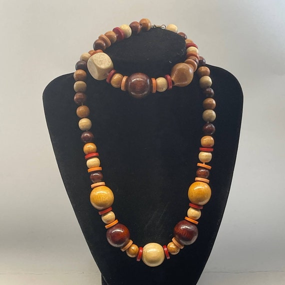 Vintage Natural Wood Beaded Wood Bead Necklace an… - image 1