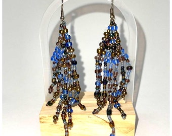 Vintage Blue Brown Beaded Chandelier Dangle Earrings Silver Tone B#25