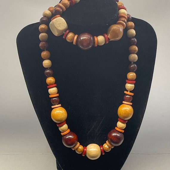 Vintage Natural Wood Beaded Wood Bead Necklace an… - image 4