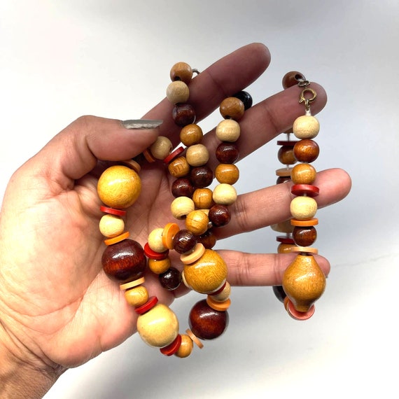 Vintage Natural Wood Beaded Wood Bead Necklace an… - image 2