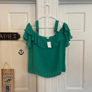 J Crew Open Shoulder Semi Sheer Green Top size 6 NWT